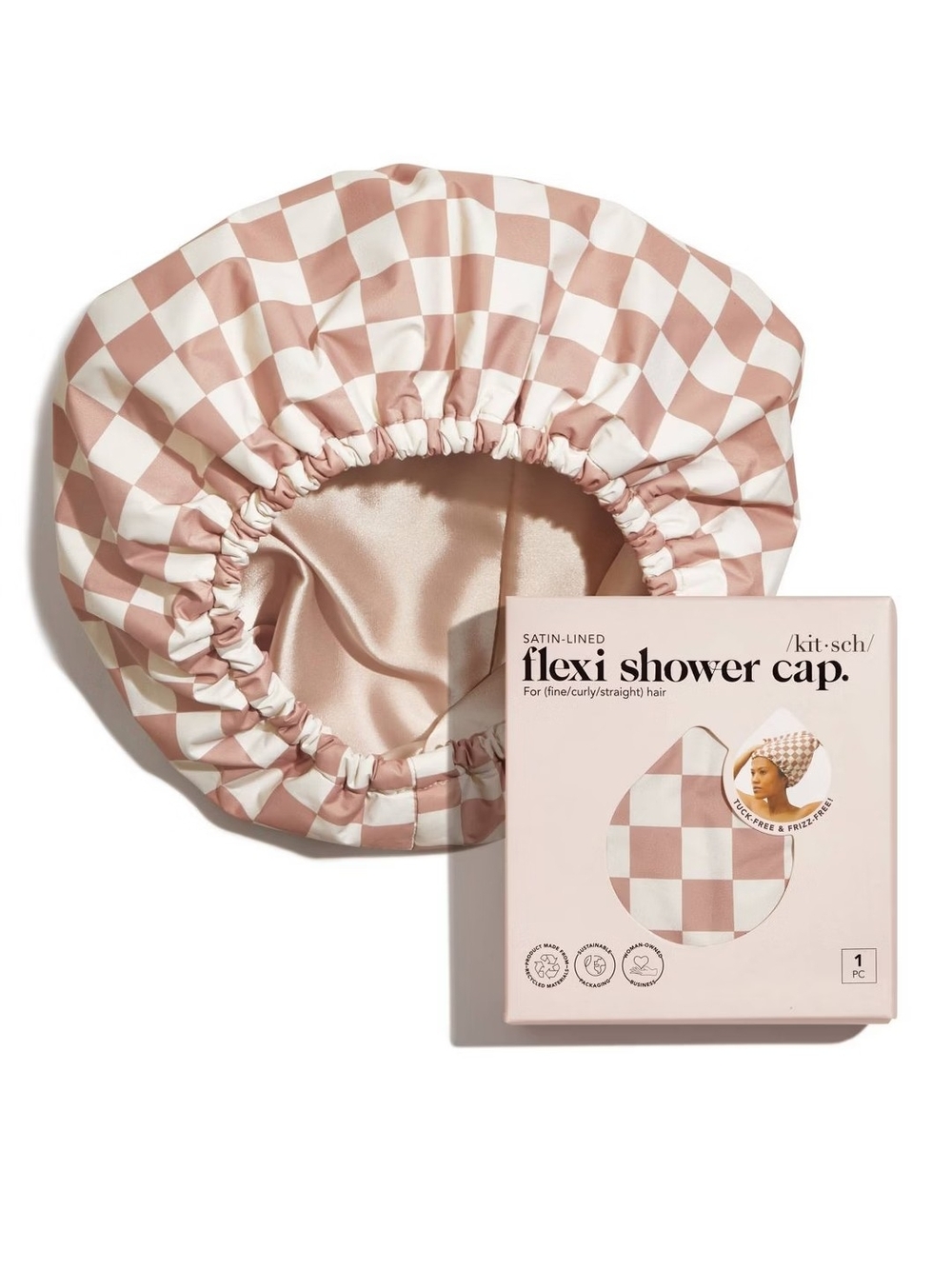 Kitsch Satin-Lined Shower Cap in Blush and Cream Checker